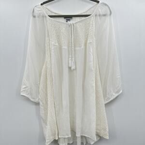 Catherines Gauzy Lace Tie Top Sz 3X Ivory White Boho Coquette Peasant Bloomcore